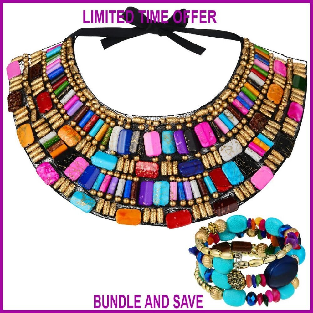 Chunky Beaded Bib Necklace Set with Adjustable Fit for Women